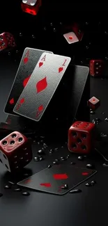 Playing cards and dice on dark background