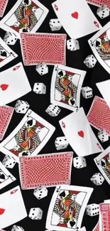 Playing cards and dice pattern on black background.