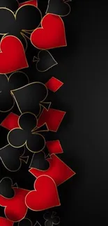 Elegant wallpaper featuring red and black playing card suits on a sleek black background.