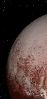 Vivid representation of Pluto with a textured surface against a starry sky.