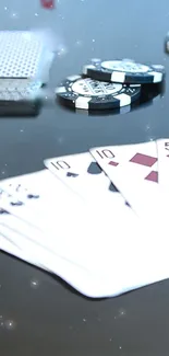 Poker night wallpaper with cards and chips on a black table.