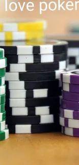 Colorful poker chips stacked with 'I love poker' text