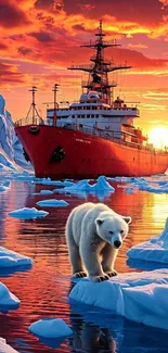Red icebreaker and polar bear in Arctic sunset.