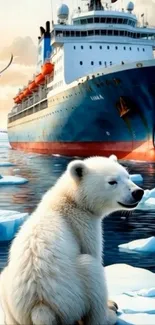 Polar bear near icebreaker ship in Arctic landscape.