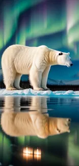 Polar bear under northern lights with reflections on icy water.