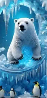Polar bear with penguins amid icy backdrop art.