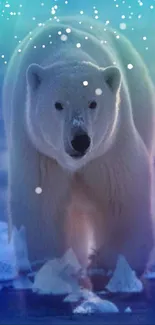 Polar bear in an arctic blue landscape wallpaper.