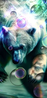 Surreal polar bear art with bubbles and vibrant aqua hues.