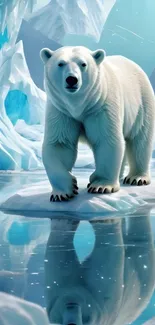 Polar bear standing on ice with blue reflections.