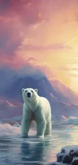 Polar bear standing on icy surface with colorful sky.