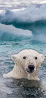 Polar bear swimming among icy Arctic waters and icebergs.