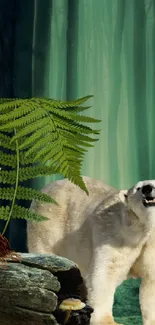 Polar bear in a mystical green forest with lush foliage.