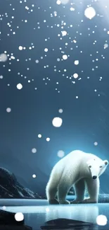 Polar bear standing in a mystical, ice-covered landscape with cool blue tones.