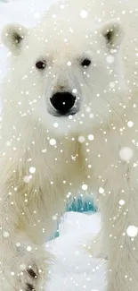 Polar bear walking through a snowy landscape with falling snow.