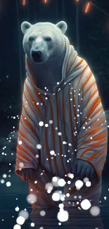 Polar bear in a striped robe standing at night in a whimsical setting.