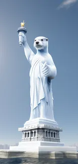 Polar bear statue as Liberty in urban skyline, blue sky, and ocean view.