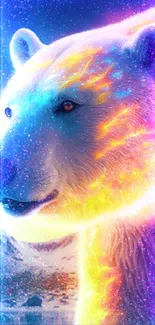 Vibrant polar bear glowing with cosmic light in arctic setting.