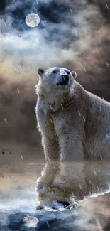 Polar bear sits by a moonlit lake with a serene reflection on dark sky background.