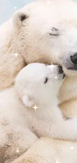 Polar bear mother lovingly holds her cub in a snowy embrace, perfect for mobile wallpaper.