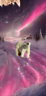 Polar bear under vibrant northern lights in a snowy landscape.