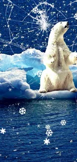 Polar bear sitting on an ice floe surrounded by sparkling snowflakes.