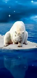 Polar bear resting on a small iceberg in the ocean under a blue sky.