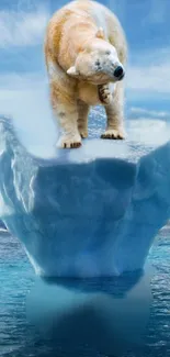 Polar bear standing on a large iceberg in open sea.