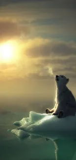 Polar bear sits serenely on iceberg at sunset.