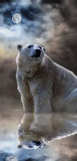 Polar bear in moonlight reflected over tranquil water.