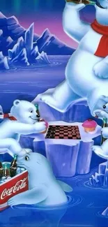 Playful polar bears enjoy a colorful, icy scene with drinks and fun.