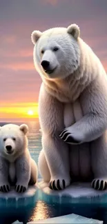 Polar bears on ice with a sunset background, showcasing Arctic wildlife.