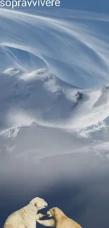 Polar bears on a snowy mountain background.