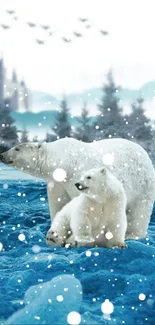 Polar bears in a winter scene with icy blues and distant castle.