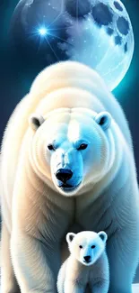 Polar bears under a radiant full moon.