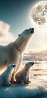 Polar bears gaze at a glowing moon over a serene Arctic landscape.