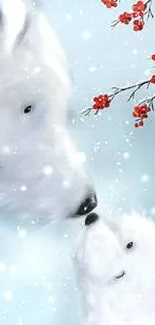 Polar bears touching noses amidst snow on a light blue background with red berries.