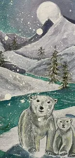 Polar bears in snowy landscape with mountains on phone wallpaper.