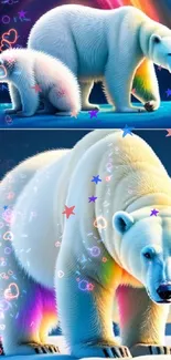 Two polar bears with rainbow highlights in an Arctic setting.