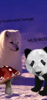 Playful panda and Arctic fox with mushroom under purple sky.