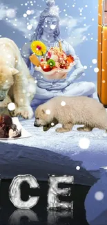 Polar bears, fridge, and icy scene in blue-themed wallpaper.