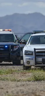 Police cars on a mountain road with scenic background.