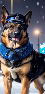 German Shepherd police dog in snow at night, wearing a blue collar and hat.