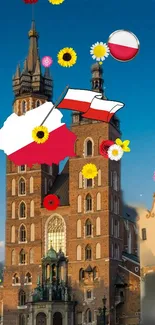 Krakow tower with Polish flags and flowers under a blue sky.