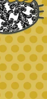 Charming polka dot wallpaper with artistic cat design in yellow.