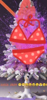 A whimsical Christmas tree with a red polka dot bikini on a purple backdrop.