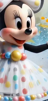 Colorful cartoon character with polka dot dress.