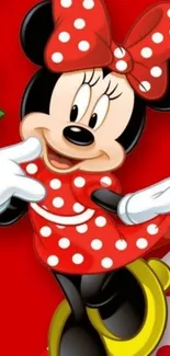 Charming cartoon character with red polka dot dress on a vibrant background.