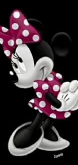 Cartoon character in pink polka dot dress on black background.