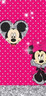 Colorful polka dot wallpaper with popular cartoon characters on pink background.