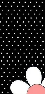 Black polka dot wallpaper with daisy design.